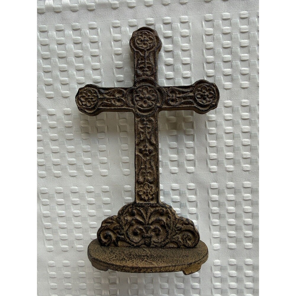 Vintage Style Cast Iron Standing Cross Rustic Brown Decorative Tabletop Altar
